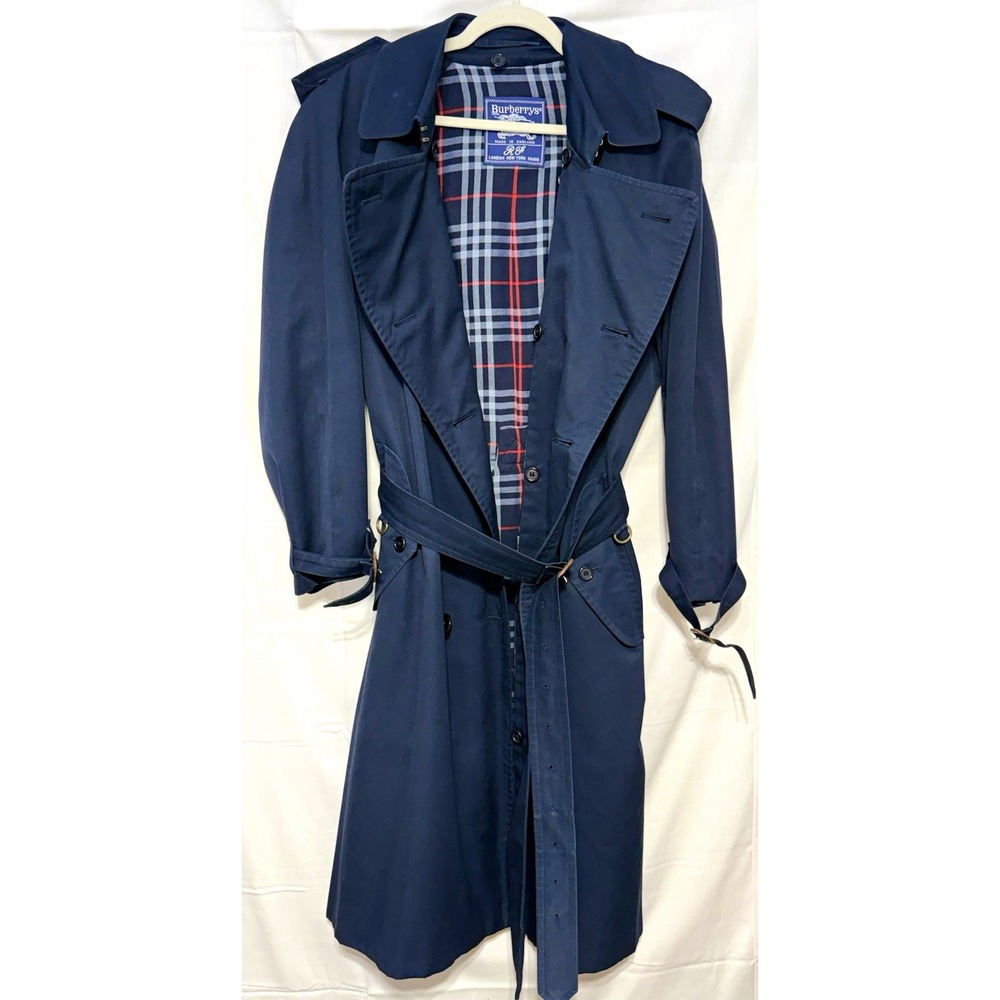 Burberrys Men's Blue Long Trench Coat Belted Double-Breasted Lined 44 VTG